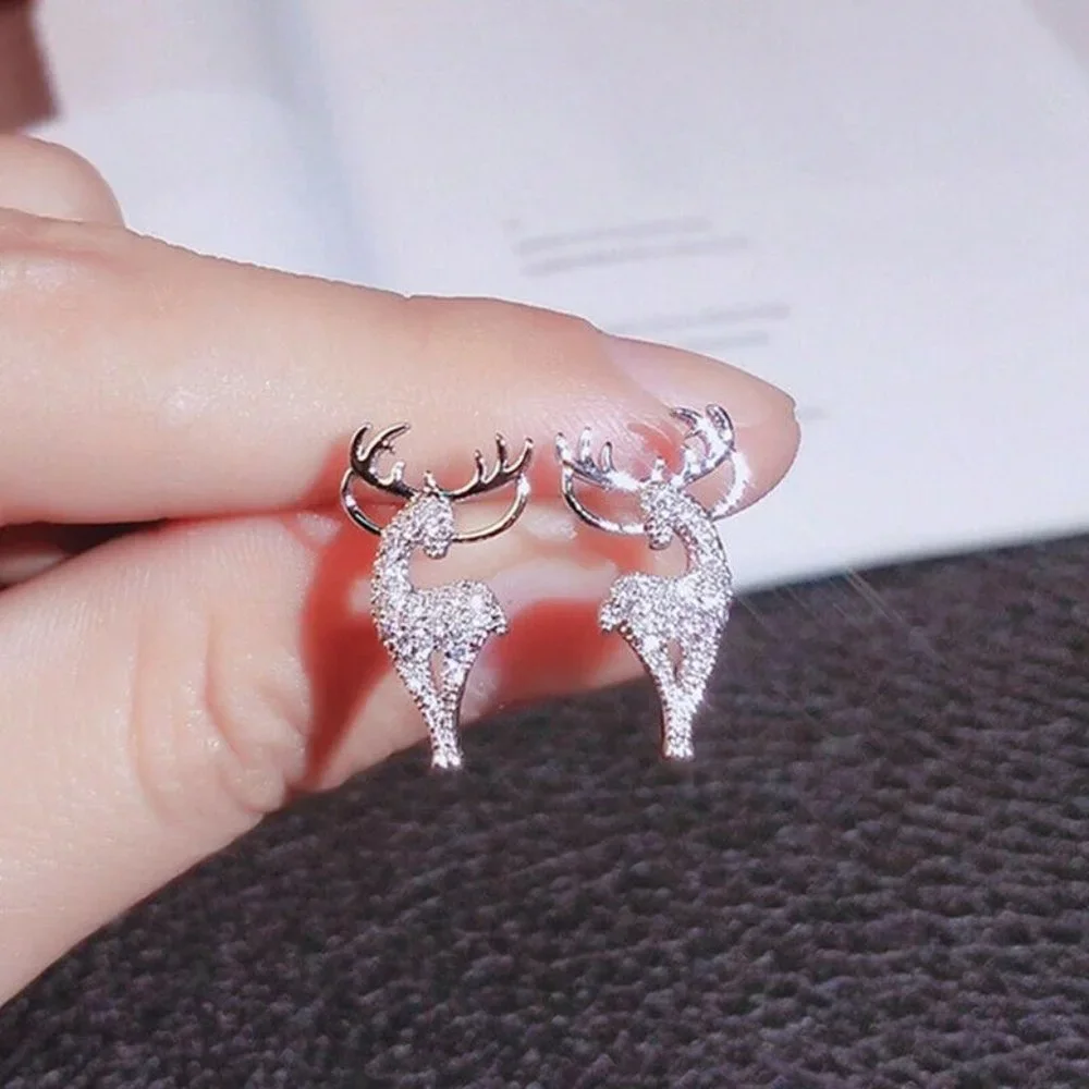 New Sterling Silver White Sapphires Reindeer Studs